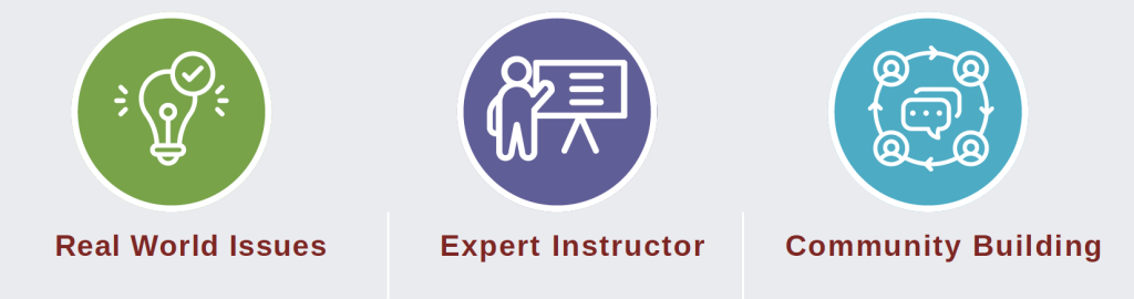 Icons Showing Real World Issues, Expert Instructor, and Community Building